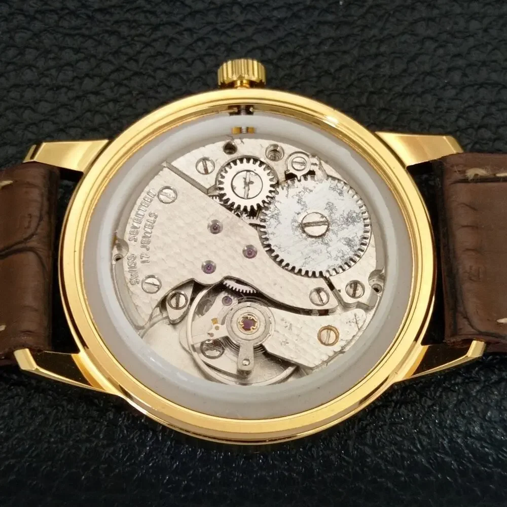 Vintage 1977 Roamer Manual Mens Gold Watch W/Leather Strap & Red accents
